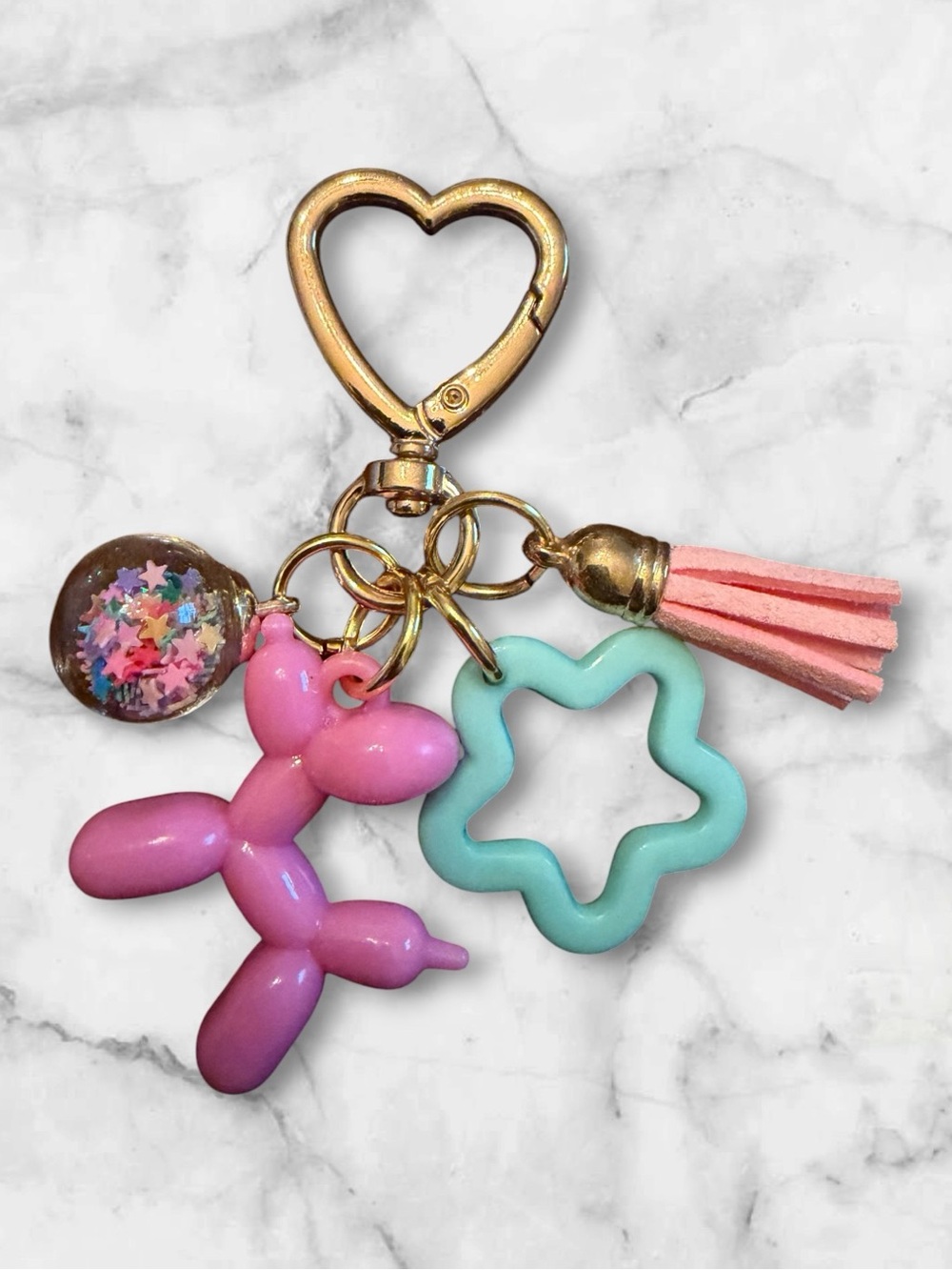 Pink & Aqua Balloon Dog Keychain with Pink Tassel and Star Charm